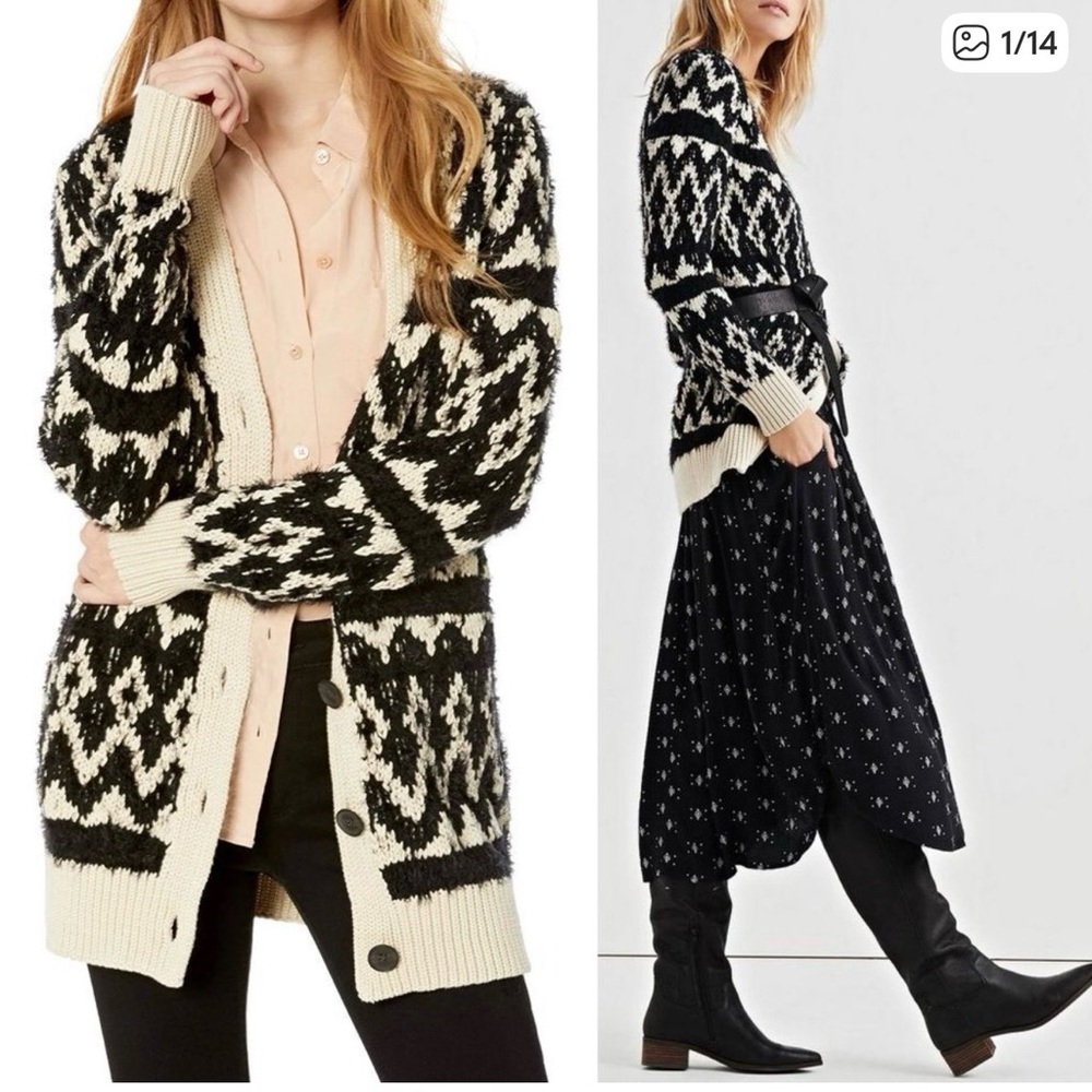 Lucky Brand medium Fair Isle Black & Cream Patterned Open Cardigan Sweater